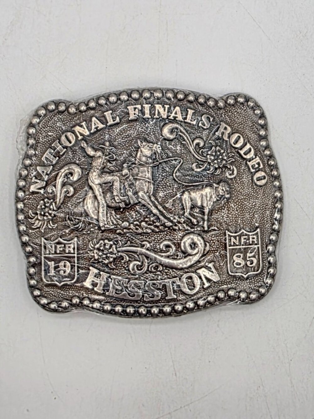Vintage HESSTON NFR 1985 National Finals Rodeo Embossed Belt Buckle New Sealed